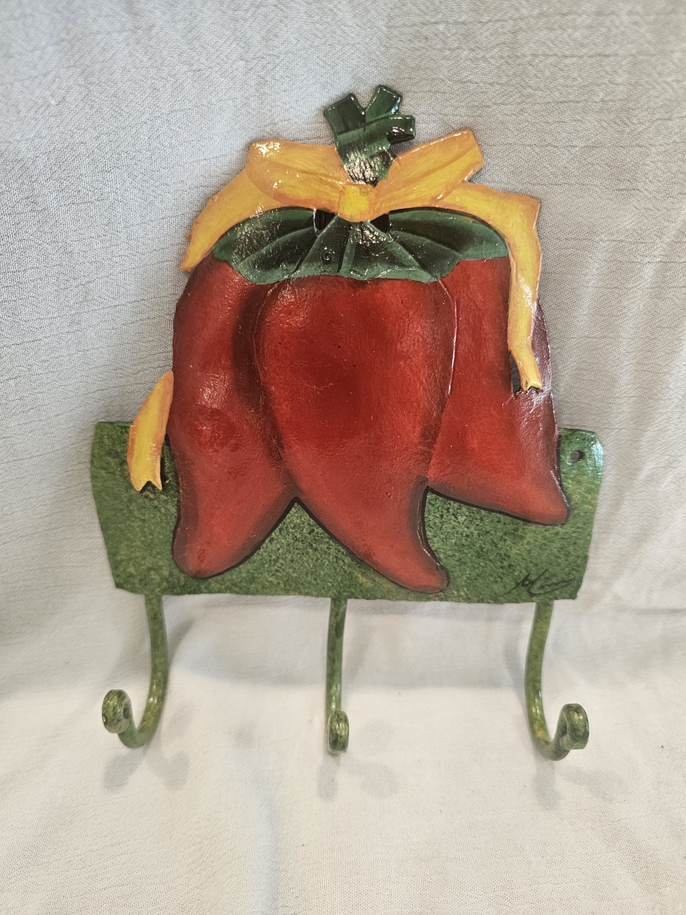 Vintage 3-Hook Wall Mounted Chili Pepper Decor Signed